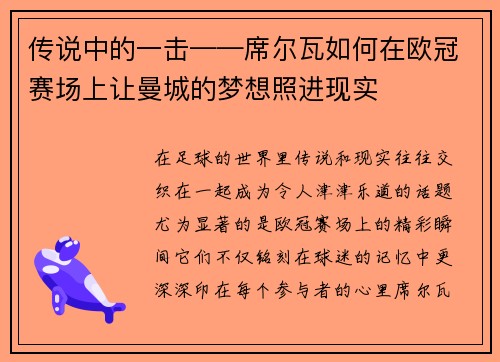 传说中的一击——席尔瓦如何在欧冠赛场上让曼城的梦想照进现实